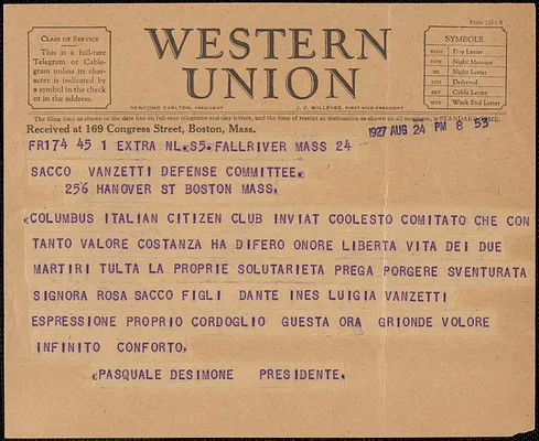Pasquale De Simone telegram, in Italian, to Sacco-Vanzetti Defense Committee, Fall River, Mass., August 24, 1927