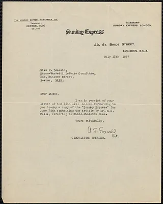 A. J. Foxwell (Sunday Express) typed note signed to Mary Donovan, London, Eng., July 12, 1927