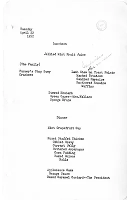 White House Luncheon and Dinner Menu