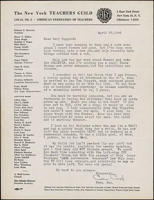 Cara Cook (The New York Teachers Guild) typed letter signed to Mary [Donovan] Hapgood, New York, N. Y., April 27, 1949