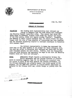 Memorandum, State Department Summary of Telegrams