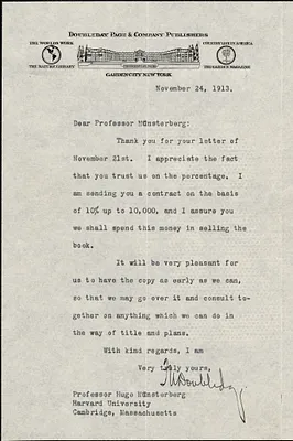 Doubleday, Frank Nelson, 1862-1934 typed letter signed to Hugo Münsterberg, Garden City, N. Y., 24 November 1913