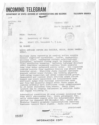 Telegram from Walter Donnelly to Secrertary of State George C. Marshall