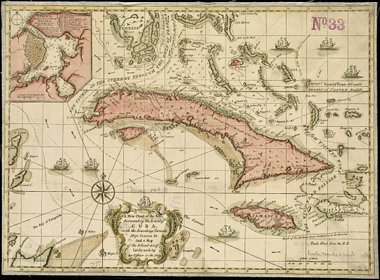 A new chart of the seas surrounding the island of Cuba, with the soundings, currents, ships, courses &c. and a map of the island itself lately made by an officer in the Navy