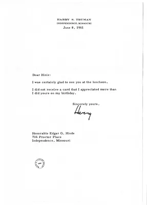 Letter from Harry S. Truman to Edgar Hinde