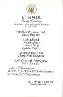 Cards-Menus, Dinner, Honoring His Excellency The Prime Minister of the Republic of Hungary and Mrs. Antall, The White House, October 18, 1990