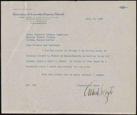 Albert F. Coyle (Brotherhood of Locomotive Engineers Journal) typed note signed to Sacco-Vanzetti Defense Committee, Cleveland, Ohio, July 22, 1926