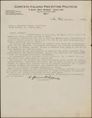 Luigi Quintiliano (Comitato Italiano Pro-Vittime Politiche) typed letter signed, in Italian, to Sacco-Vanzetti Defense Committee, New York, N.Y., March 25, 1921
