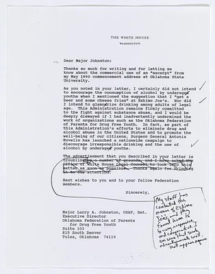 Draft of the Letter from President George H. W. Bush to Major Larry Johnson Regarding Consumption of Alcohol by Underage Drinkers