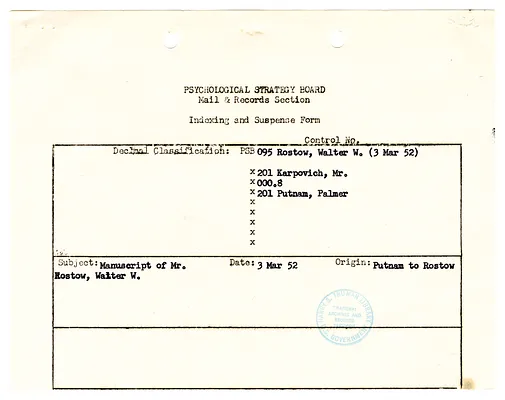 Memorandum for the Record re Correspondence Between Dr. Walter W. Rostow and Palmer Putnam, with Attachment