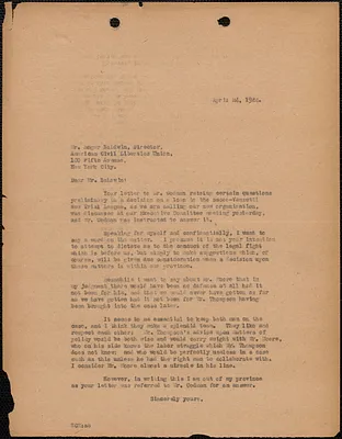 Elizabeth Glendower Evans typed letter (copy) to Roger Baldwin (American Civil Liberties Union), [Boston, Mass.], April 24, 1924