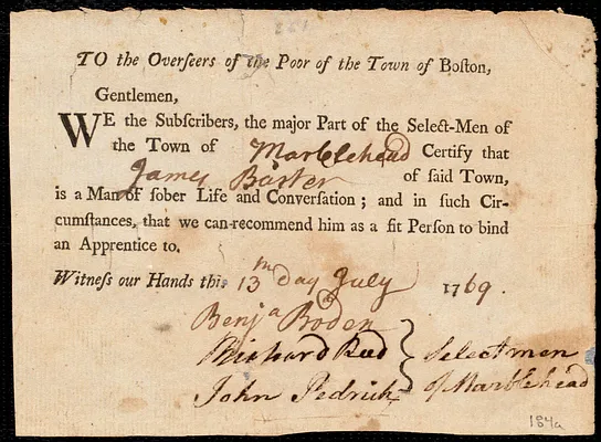 Elizabeth Pimm indentured to apprentice with James Barter of Marblehead, 21 August 1769