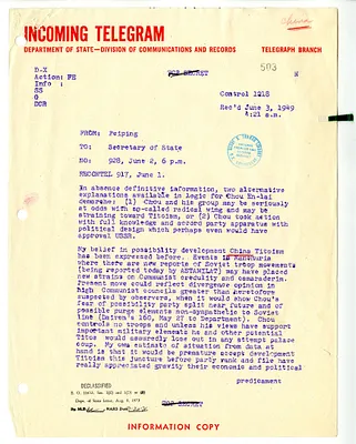 Department of State Incoming Telegram from O. Edmund Clubb to the Secretary of State