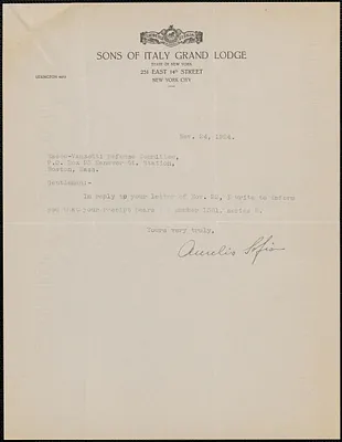 Aurelio Sofia (Sons of Italy Grand Lodge) typed note to Sacco-Vanzetti Defense Committee, New York, N.Y., November 24, 1924