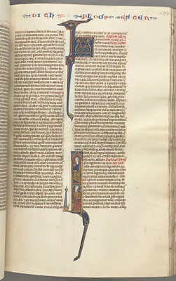 Fol. 199r, Esther, historiated initial, two seated male figures