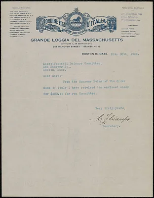 C.F. Ciampa (Ordine Figli D'Italia, Grande Loggia del Massachusetts) typed note signed to Sacco-Vanzetti Defense Committee, Boston, Mass., November 30, 1923