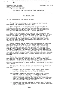 President's Letter to Congress Submitting the Federal Assistance for Community Services Act