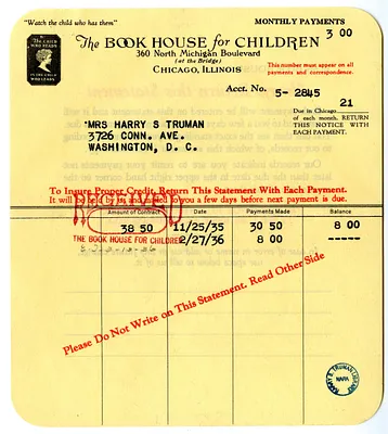 Receipt from The Book House for Children for Bess W. Truman