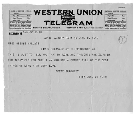 Telegram from Betty Prichett to Bess Wallace