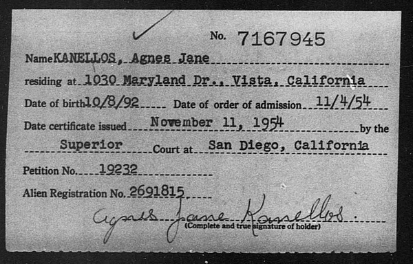 Kanellos, Agnes Jane - 1954