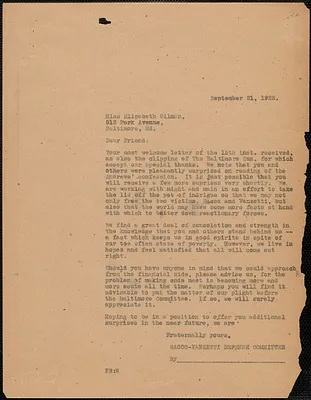 Sacco-Vanzetti Defense Committee typed letter (copy) to Elisabeth Gilman, Boston, Mass., September 21, 1922