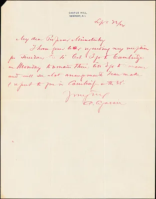 Agassiz, Alexander, 1835-1910 autograph letter signed to Hugo Münsterberg, Newport, R.I., 22 September 1904