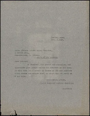 Sacco-Vanzetti Defense Committee typed note (copy) to W. Andrews (South African Trades Union Congress), Boston, Mass., February 3, 1927
