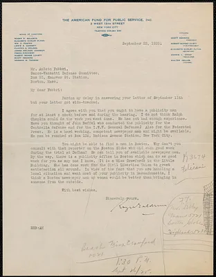 Roger N. Baldwin (The American Fund For Public Service, Inc.) typed letter signed to Amleto Fabbri, New York. N.Y., September 23, 1925