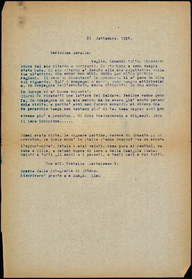 Bartolomeo Vanzetti typed letter (copy) to Luigia Vanzetti, [Charlestown], 21 September 1925.