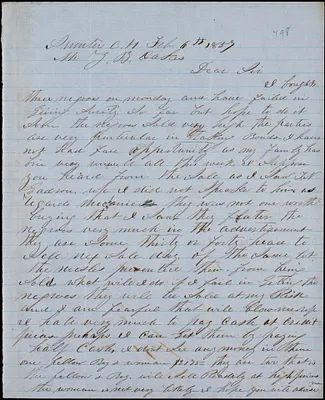 A. J. McElveen, Sumter Court House, S.C., autograph note signed to Ziba B. Oakes, 6 February 1857