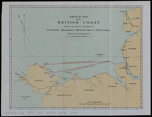 Sketch map of the British coast showing the relative positions of Liverpool, Beaumaris, Moelfra Bay & Point Lynas (taken from the Admiralty chart)