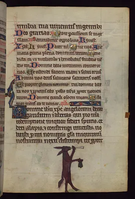 Ass playing a recorder and bell, from a marginal cycle of images of the funeral of Renard the Fox