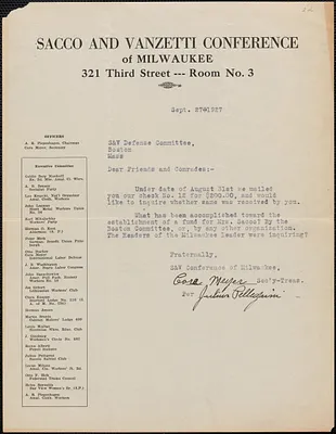 Cora Meyer (Sacco-Vanzetti Conference of Milwaukee) typed letter signed to Sacco-Vanzetti Defense Committee, Milwaukee, Wis., September 27, 1927