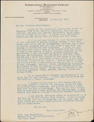 Ranney, L. A., fl. 1913 typed letter signed to Hugo Münsterberg, Chicago, 10 October 1913