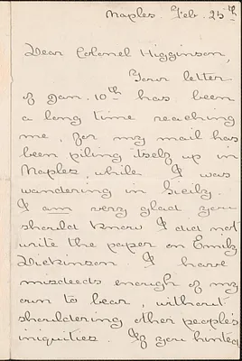 Agnes Repplier autograph letter signed to Thomas Wentworth Higginson, Naples, 25 February