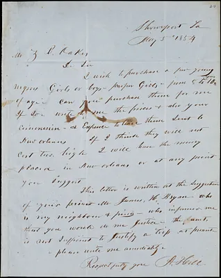 A, Hill, Shreveport, La.., autograph letter signed  to Ziba B. Oakes, 5 May 1854