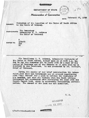 Memorandum of Conversation with Secretary of State Dean Acheson and Ambassador H. T. Andrews of the Union of South Africa