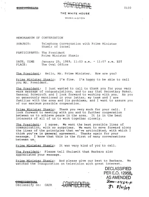 Telephone Conversation with Prime Minister Shamir of Israel, January 25, 1989