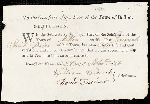 William Going indentured to apprentice with Jeremiah Smith Boies of Milton, 30 September 1786