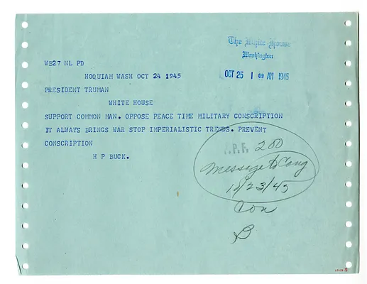 Telegram from H. P. Buck to President Harry S. Truman
