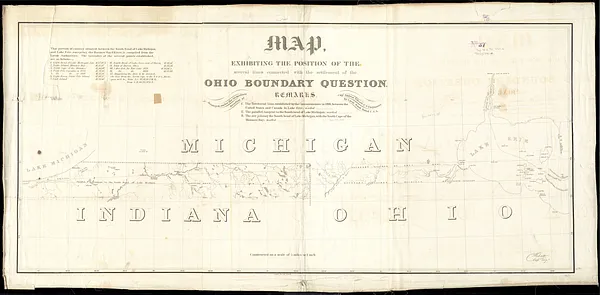 Map, exhibiting the position of the several lines connected with the settlement of the Ohio boundary question