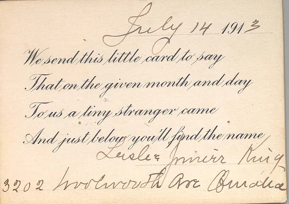 Birth Announcement for Leslie Lynch King, Jr.