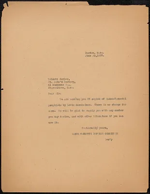 Sacco-Vanzetti Defense Committee typed note (copy) to Wolcott Cutler, Boston, Mass., June 23, 1927