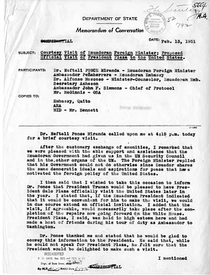 Memorandum of Conversation with Secretary of State Dean Acheson, the Ambassador of Ecuador, Foreign Minister Dr. Naftali Ponce Miranda of Ecuador, the Minister-Counsel of the Embassy of Ecuador, John F. Simmons, and Edgar L. McGinnis