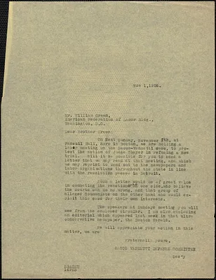 Sacco-Vanzetti Defense Committee typed letter (copy) to William Green (American Federation of Labor), Boston, Mass., November 1, 1926