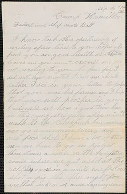Letter from Timothy Callahan, Camp Hamilton, to William Jubb, September 17, 1861