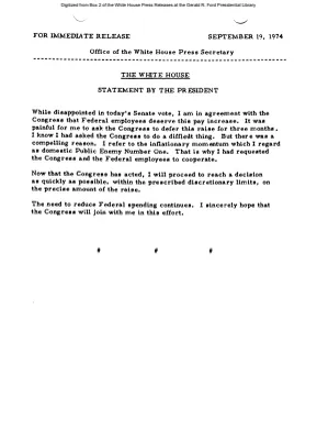 Statement by the President on Senate vote on Federal employees pay increase [Ford Speech or Statement]