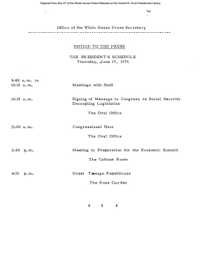 President's Schedule, Thursday June 17, 1976
